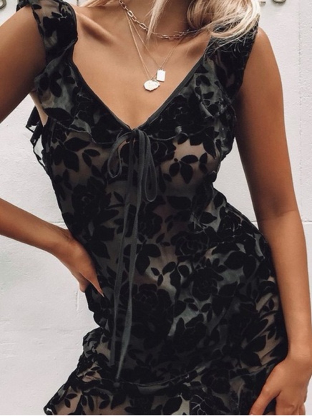 Lioness Black Sheer Floral Velvet Tie-Front Slip Dress
